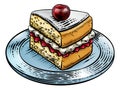 Cake Sponge Slice Jam Cream Woodcut Drawing