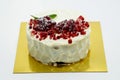 Cake sprinkled with pomegranate berries. Cake on white backgroun Royalty Free Stock Photo