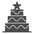 Cake with star line and solid icon. Big festive cake outline style pictogram on white background. Christmas party pie