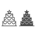 Cake with star line and solid icon. Big festive cake outline style pictogram on white background. Christmas party pie