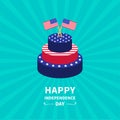 Cake with star and strip Two flags Sunburst background Happy independence day United states of America. 4th of July. Flat design