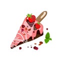 Cake on a stick in glaze with strawberries in chocolate and almonds,hand drawing.Trendy sweets.Vector food illustration