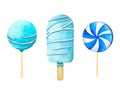 Cake on a stick, cake pops in blue glaze with confectionery striped, blue glossy candies, spiral lollipop, sugar caramel