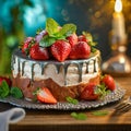 Cake with strawberries and mint. Fine Dessert. AI generated