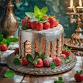 Cake with strawberries and mint. Fine Dessert. AI generated