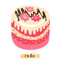 Cake. Sweet dessert. Hand drawn sketch. Pastry fancy pink cream. Vector cartoon illustration.