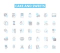 Cake and sweets linear icons set. Cupcakes, Chocolate, Vanilla, Frosting, Buttercream, Sprinkles, Fondant line vector