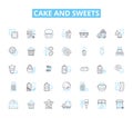 Cake and sweets linear icons set. Cupcakes, Chocolate, Vanilla, Frosting, Buttercream, Sprinkles, Fondant line vector