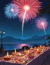Cake table adorned with colorful desserts under a fireworks sky Royalty Free Stock Photo