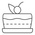 Cake thin line icon, bakery concept, sweet birthday pie sign on white background, cake with cherry icon in outline style