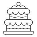 Cake thin line icon. Birthday party or wedding sweet dessert symbol, outline style pictogram on white background. Bakery