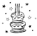 Cake with three candles, drawn with a black outline on a white background
