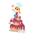Cake three tiers with candles and chocolate cream, marshmallow, candy pop, lollipop in cartoon style isolated on white background