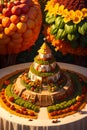 cake with a tower made of fruit and flowers