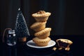 Cake tower, shortbread dough, jam cherry filling, spruce and New Year decorations