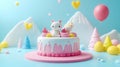 A cake with two bears on top of it and a mountain in the background Royalty Free Stock Photo