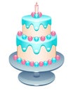 Cake. Two-tier birthday cake with a candle on a stand. Cake decorated with pastry cream, glaze and sweets in pink and blue shades