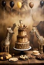 a cake with two zebras on it and a girraffe on the top of cake with birthday party decorations Royalty Free Stock Photo