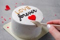 Cake for Valentine`s Day, Mother`s Day, or Birthday, Romantic Bento Cake for Two on Grey Background Royalty Free Stock Photo