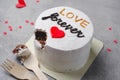 Cake for Valentine`s Day, Mother`s Day, or Birthday, Romantic Bento Cake for Two on Grey Background Royalty Free Stock Photo