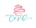 Cake vector calligraphic text with logo. Sweet cupcake with cream, vintage dessert emblem template design element. Candy