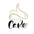 Cake vector calligraphic text with logo. Sweet cupcake with cream, vintage dessert emblem template design element. Candy