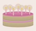 Cake vector celebratory with cream beautiful pink birthday burning candles on a light pink background illustration