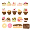 Cake vector chocolate confectionery cupcake and sweet confection dessert with whipped cream, berries and fruits. Vector set. Royalty Free Stock Photo