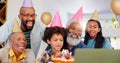 Cake, video call and family at birthday party celebration together at modern house with candles. Happy, laptop and young Royalty Free Stock Photo