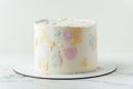 Cake with white cream cheese frosting decorated with multicolored smears on the white background. Blank cake with a free space for