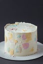 Cake with white cream cheese frosting decorated with multicolored smears on the dark grey background. Blank cake with a free space
