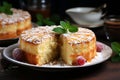 Cake with white cream on a plate. Cake decorated with berries on a wooden table, kitchen utensils in the background. AI