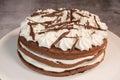 Cake, whole round black forest isolated, baked goods cherry cream chocolate design on white plate