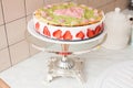 Cake with yogurt and strawberries, heart, love, on a stand, provence, vintage Royalty Free Stock Photo