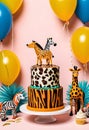 a cake with a zebra and giraffe on top, surrounded by birthday party decorations with jungle theme and balloons Royalty Free Stock Photo