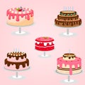 5 Types of Delicious Vector Cakes Illustration Design For Posters, Website Banners, with Lightpink Gradient Background