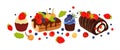 Cakes and berries. Yummy vector set of various colorful and tasty bisquits with cream, chocolate and berries