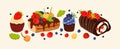 Cakes and berries. Yummy vector set of various colorful and tasty bisquits with cream, chocolate and berries