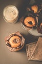 cakes with a chocolate stuffing and coffee/cakes with a chocolate stuffing and coffee. Top view Royalty Free Stock Photo