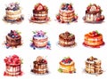 Cakes collection, delicious desserts, beautifully served cakes, realistic watercolor illustration, bright colours. Generative ai