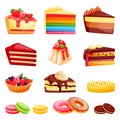 Cakes collection isolated on white background. Vector cartoon illustration. Desserts icons and cafe design elements set Royalty Free Stock Photo