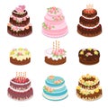 Cakes collection. Set of different types sweet baked cakes - chocolate cake, birthday and wedding celebration cakes.