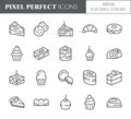 Cakes and cookies theme pixel perfect thin line icons. Set of elements of pie, brownie, biscuit, tiramisu, roll and other dessert