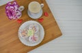 Cakes and a cup of coffee with a note for happy mothers day Royalty Free Stock Photo