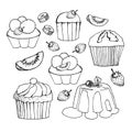 Cakes, cupcakes and pastry desserts. muffin, creamy pie or tarts with strawberry and kiwi on cream topping, waffl