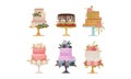 Cakes Decorated with Flowers Standing on Pedestal Cake Plate Vector Set