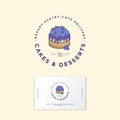 Cakes and Desserts logo. Cakes emblem. Bakery and cafe logo. A beautiful cake with blueberries logo. Business card.