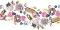 Cakes, donuts, lollipops, blueberries, strawberries, marshmallows and meringue. Watercolor illustration. Seamless banner