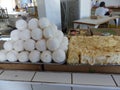 Cakes exposed in an indoor market in Uzbekistan.