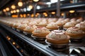 Cakes glide along automated conveyor, a sweet sight in bakery